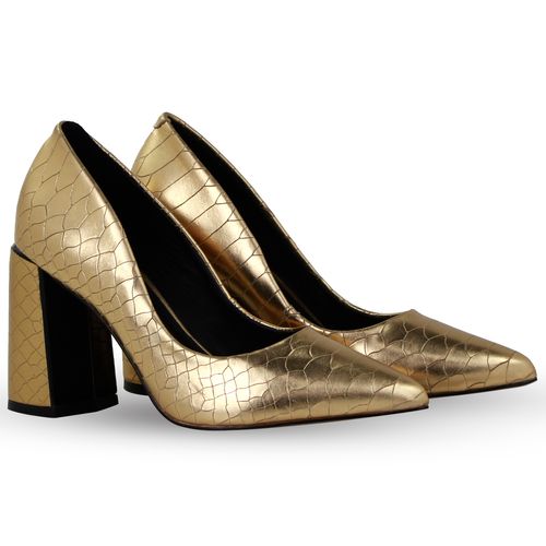Sapato Scarpin Couro Ouro