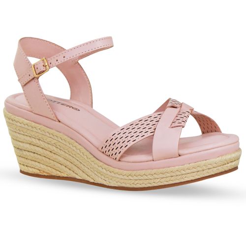 Sandália Anabela Couro Atanado Napoli Rosa Pastel