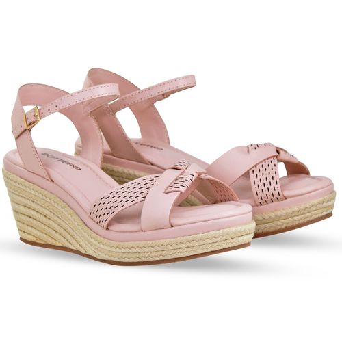 Sandália Anabela Couro Atanado Napoli Rosa Pastel