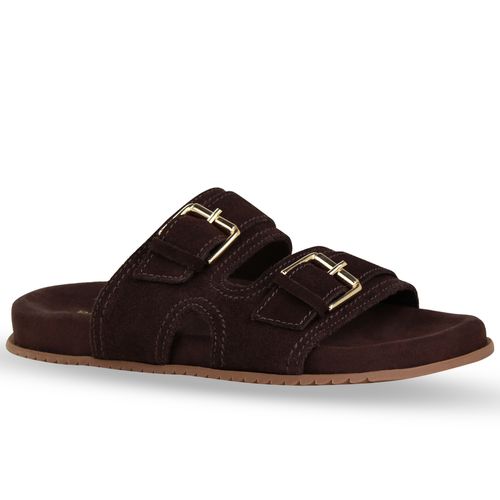 Sandália Rasteira Couro Camurça Café