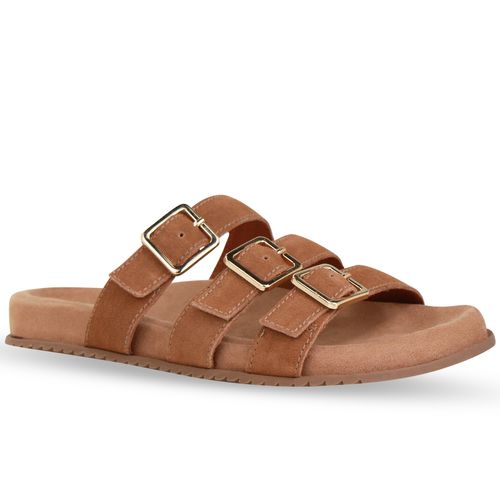 Sandália Rasteira Couro Camurça Castanho