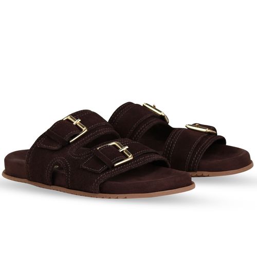 Sandália Rasteira Couro Camurça Café