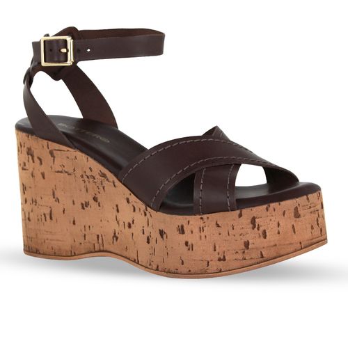 Sandália Anabela Couro Atanado Marrom