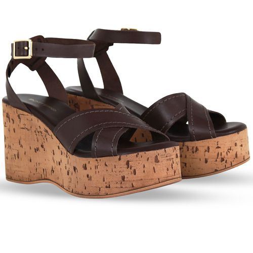 Sandália Anabela Couro Atanado Marrom