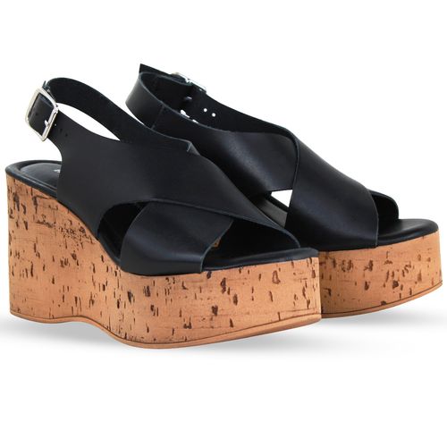 Sandália Anabela Couro Atanado Preto