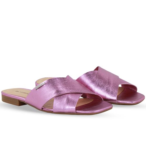 Sandalia Rasteira Couro Metalizado Roma Rosa