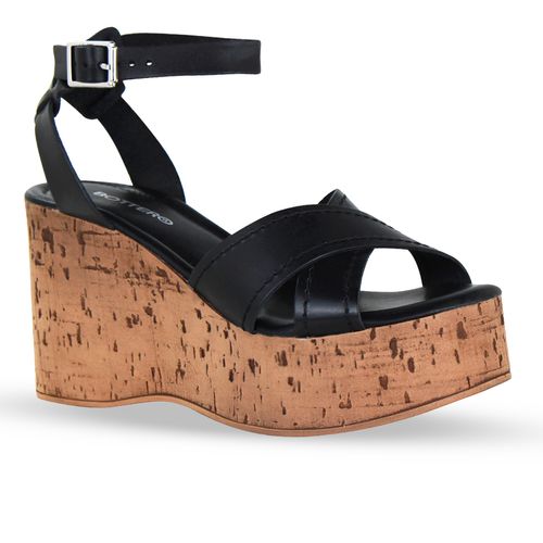 Sandália Anabela Couro Atanado Preto