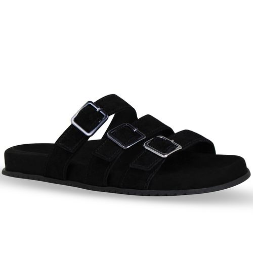 Sandália Rasteira Couro Camurça Preto