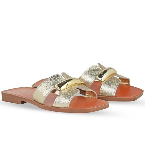 Sandália Rasteira Couro Metalizado Roma Dourado