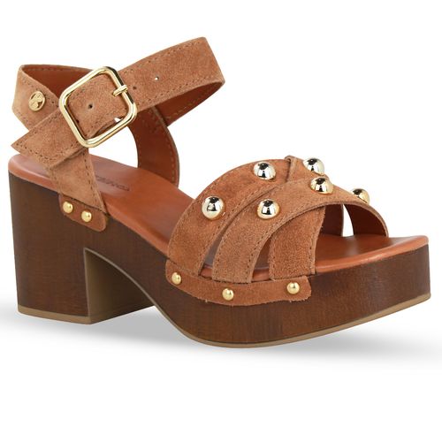 Sandália Plataforma Couro Camurça Castanho