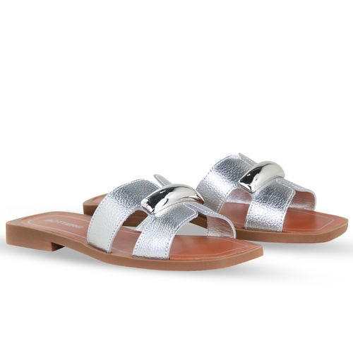 Sandália Rasteira Couro Metalizado Roma Prata