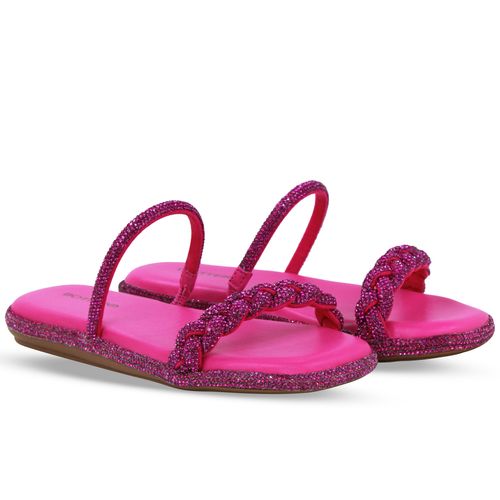 Sandália Rasteira Strass Fucsia Hot Pink