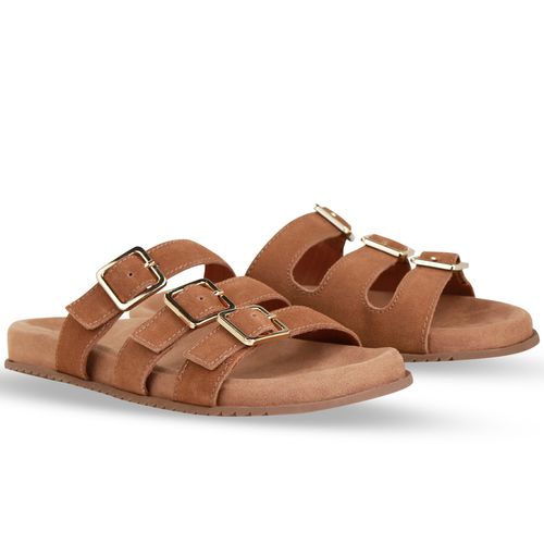 Sandália Rasteira Couro Camurça Castanho