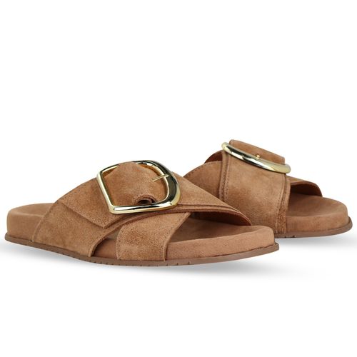 Sandália Rasteira Couro Camurça Castanho