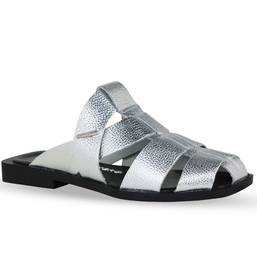 Sandália Rasteira Couro Metalizado Roma Prata