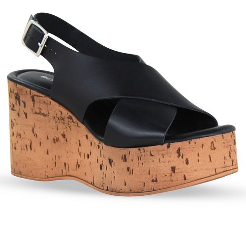 Sandália Anabela Couro Atanado Preto