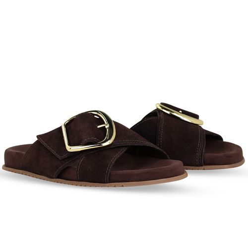 Sandália Rasteira Couro Camurça Café