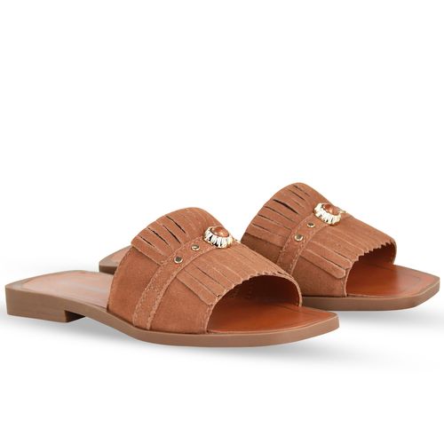 Sandália Rasteira Couro Camurça Castanho