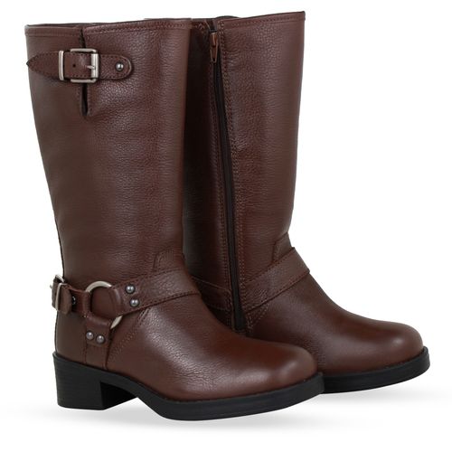 Bota Biker Cano Longo Couro Burnish Wood