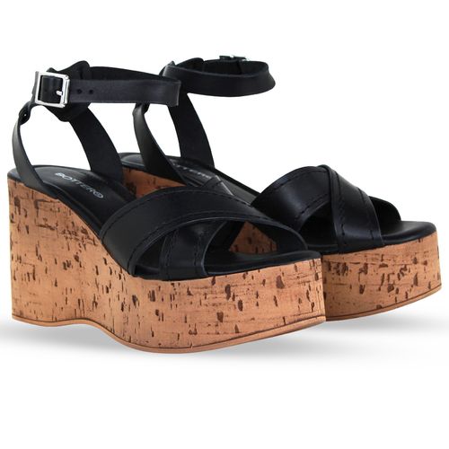 Sandália Anabela Couro Atanado Preto