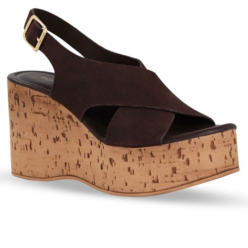 Sandália Anabela Couro Camurça Café