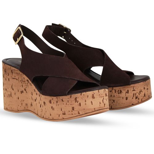 Sandália Anabela Couro Camurça Café