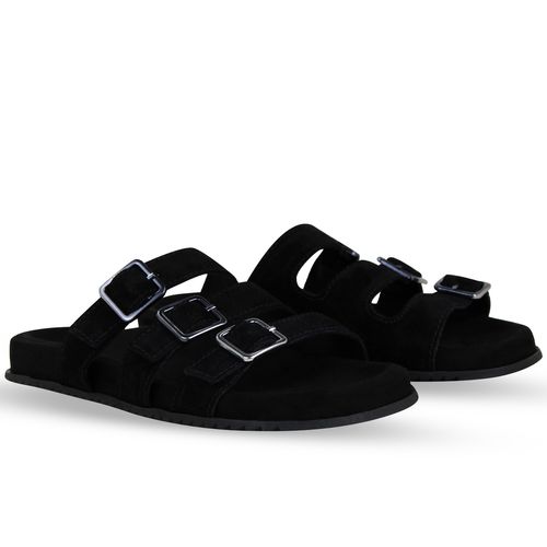 Sandália Rasteira Couro Camurça Preto