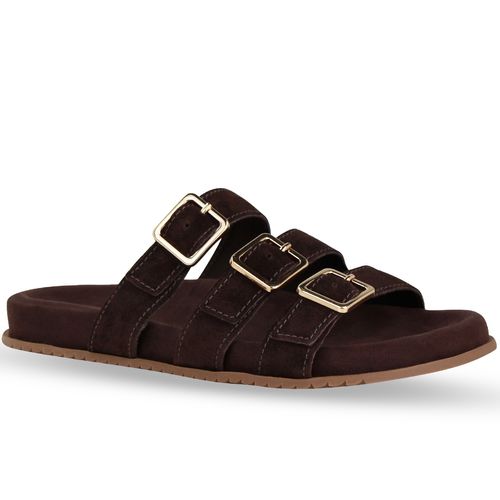 Sandália Rasteira Couro Camurça Café