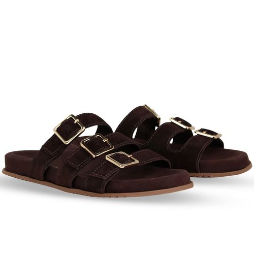 Sandália Rasteira Couro Camurça Café