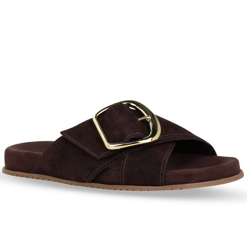 Sandália Rasteira Couro Camurça Café