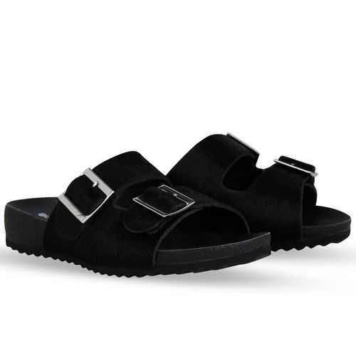 Sandália Rasteira Couro Poney Preto