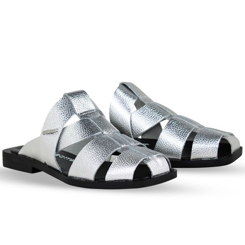 Sandália Rasteira Couro Metalizado Roma Prata