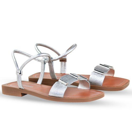 Sandália Rasteira Couro Metalizado Roma Prata