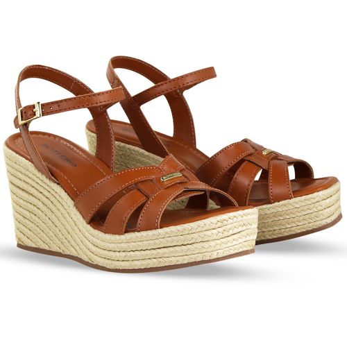 Sandália Anabela Couro Atanado Napoli Caramelo