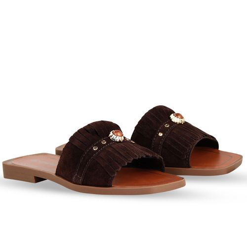 Sandália Rasteira Couro Camurça Café