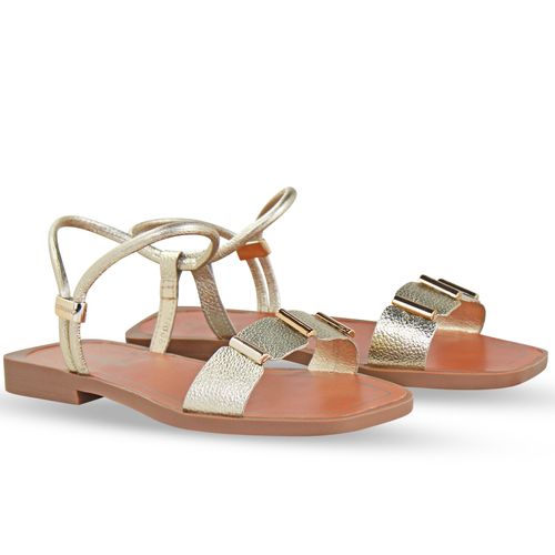 Sandália Rasteira Couro Metalizado Roma Dourado