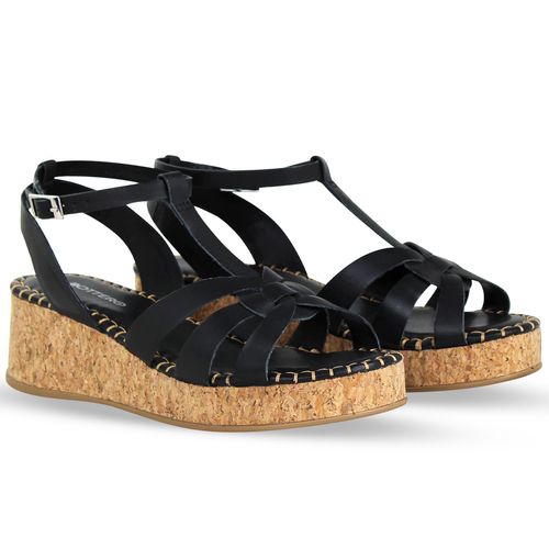 Sandália Anabela Couro Atanado Napoli Preto