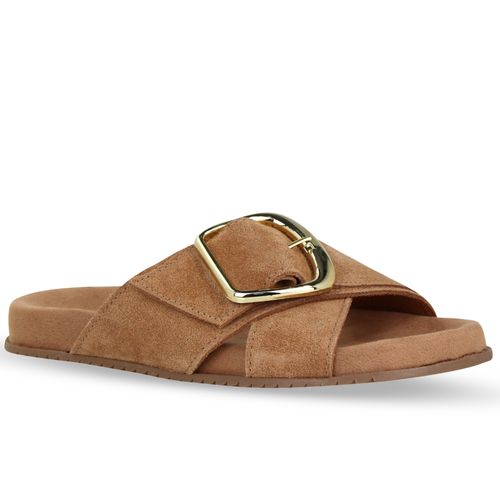 Sandália Rasteira Couro Camurça Castanho