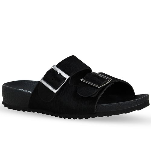 Sandália Rasteira Couro Poney Preto