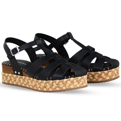 Sandália Anabela Couro Atanado Napoli Preto